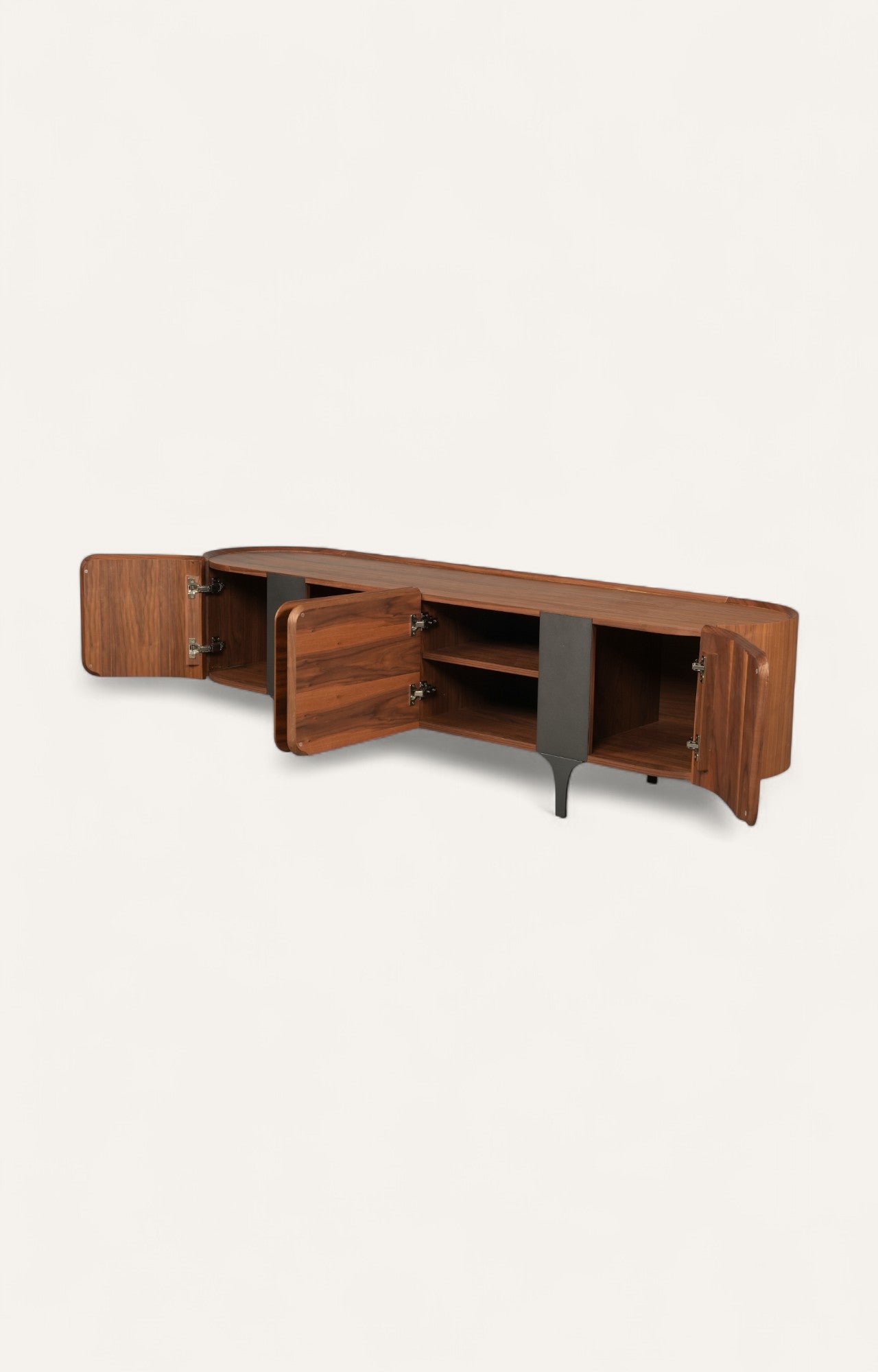 Modern Walnut Sideboard with Curved Edges and Metal Legs