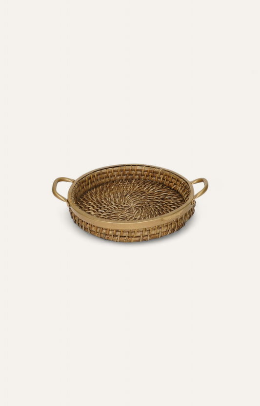 Round Rattan Tray with Brass Detailing – Medium