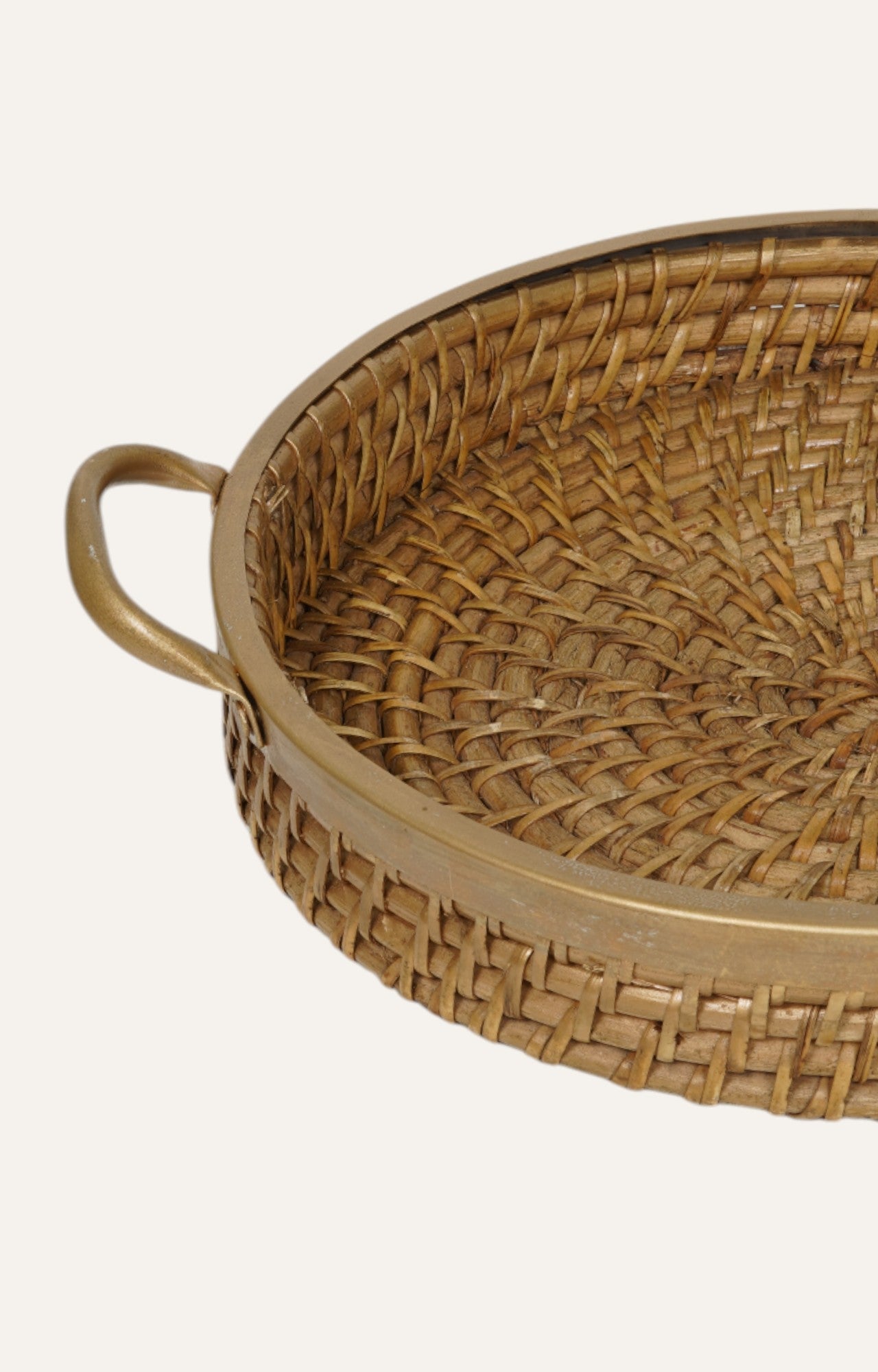 Rattan Weave Round Tray with Brass Detailing – Large