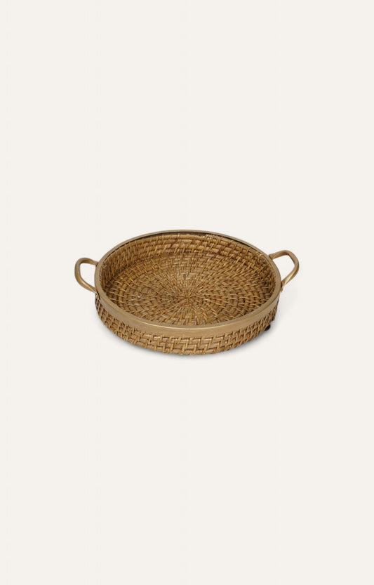 Rattan Weave Round Tray with Brass Detailing – Large