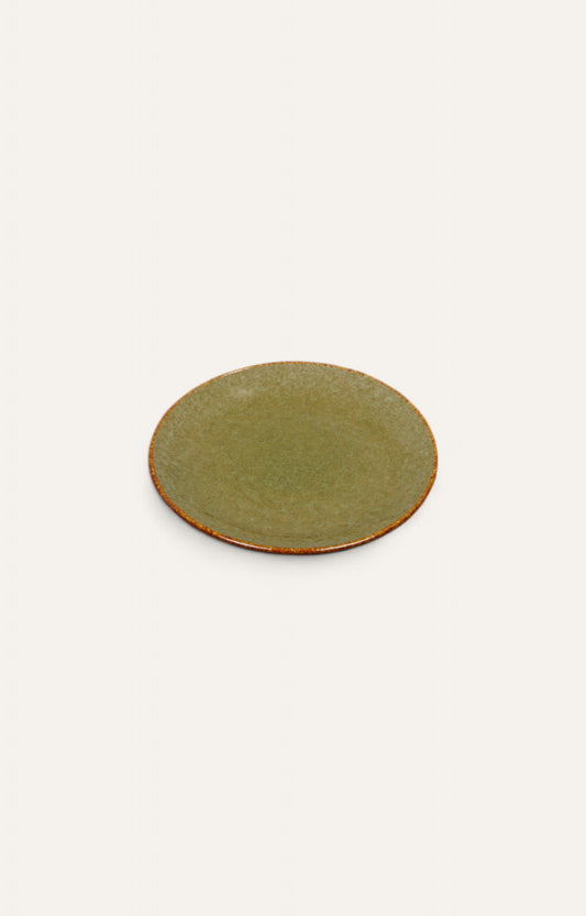  Round ceramic plate with olive glaze and burnt sienna rim 