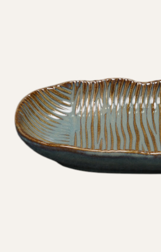 Hand-Glazed Ribbed Long Ceramic Platter