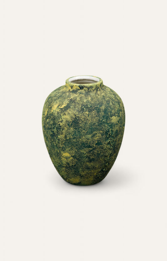 Large ceramic vase with moss-like green and yellow patina 