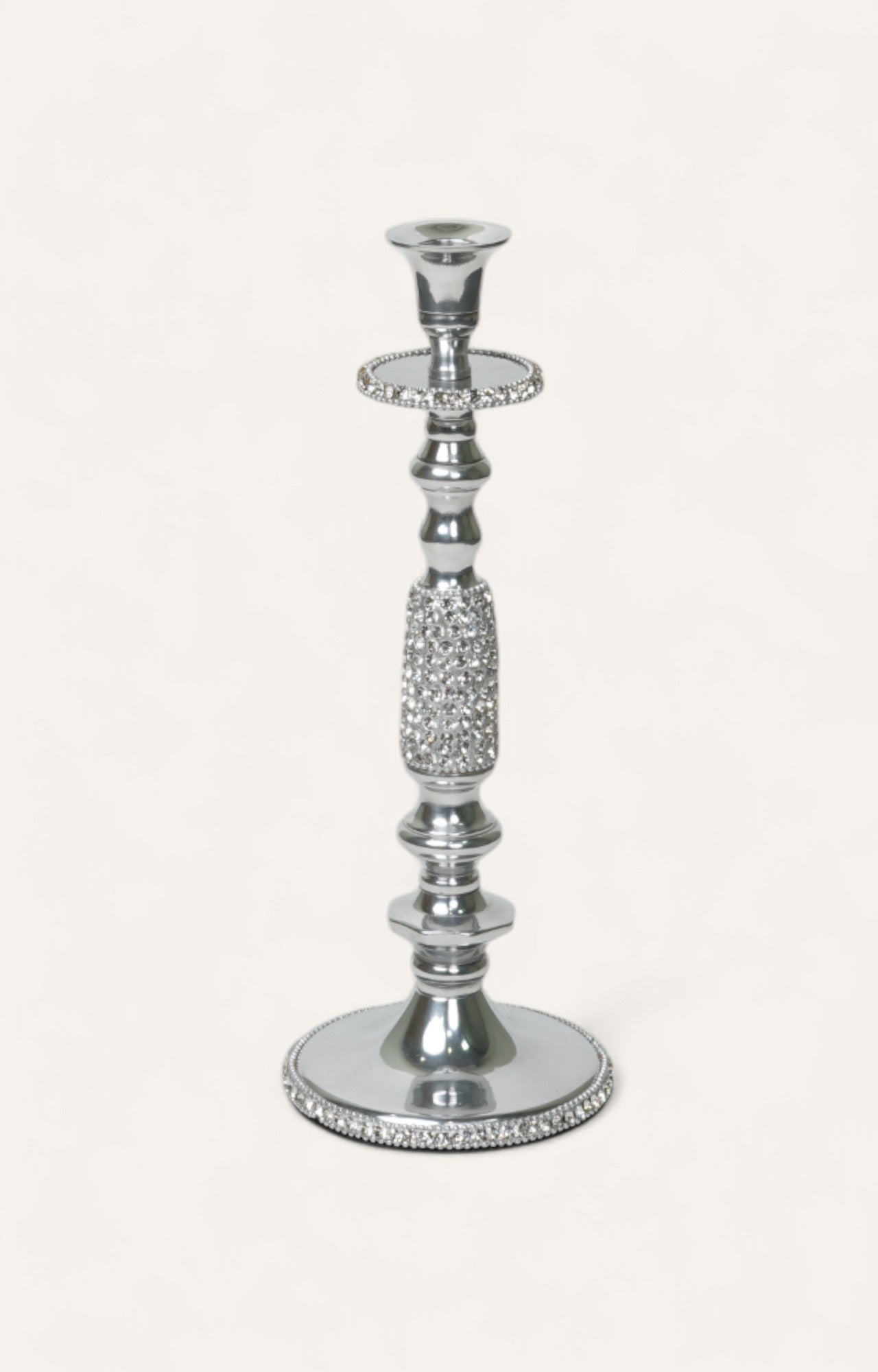 Crystal-studded Victorian pillar candle holder in electroplated silver 