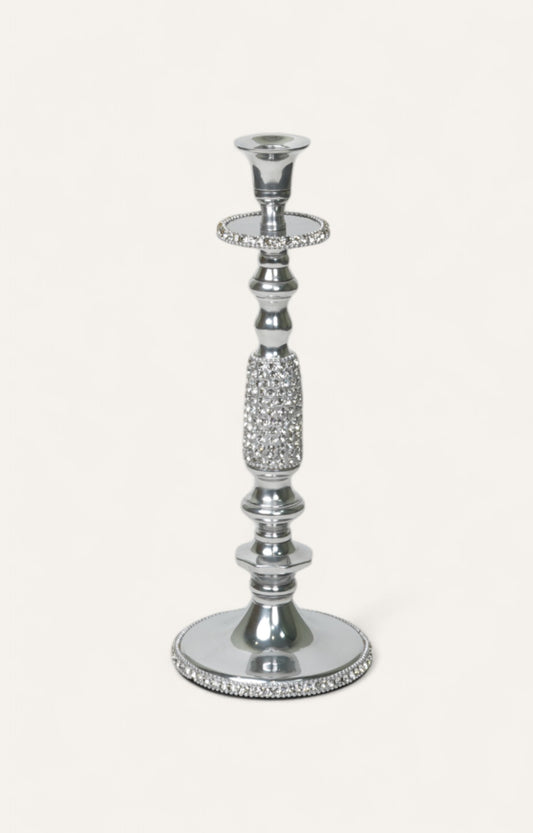 Crystal-studded Victorian pillar candle holder in electroplated silver 