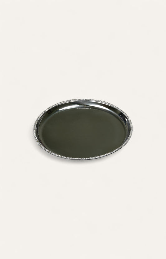 Round crystal-trimmed silver-tone metal serving plate