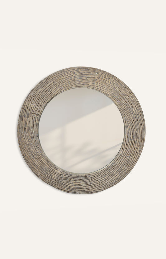 Ribbed Wood round Framed Mirror