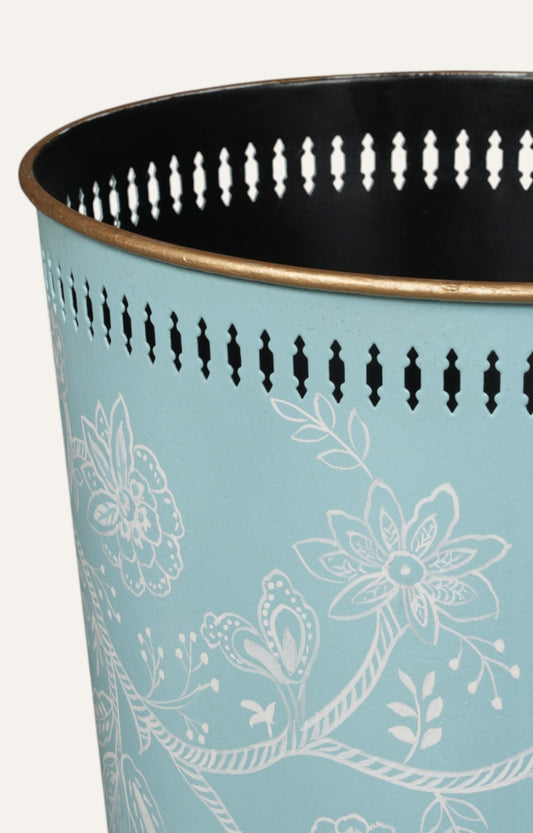 Blue Floral Metal Waste Bin with Perforated Rim