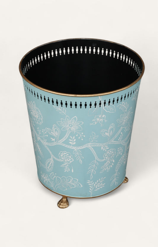 Blue Floral Metal Waste Bin with Perforated Rim