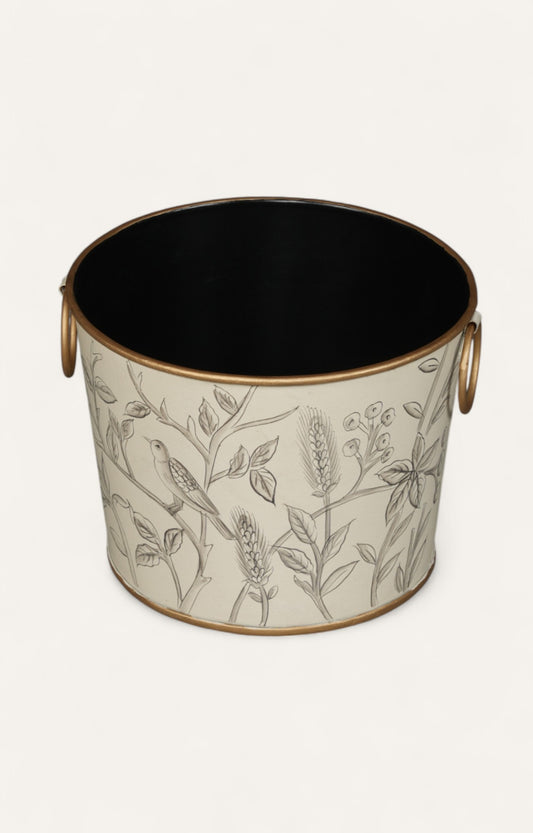 Monochrome Botanical Bird Metal Bucket- Big