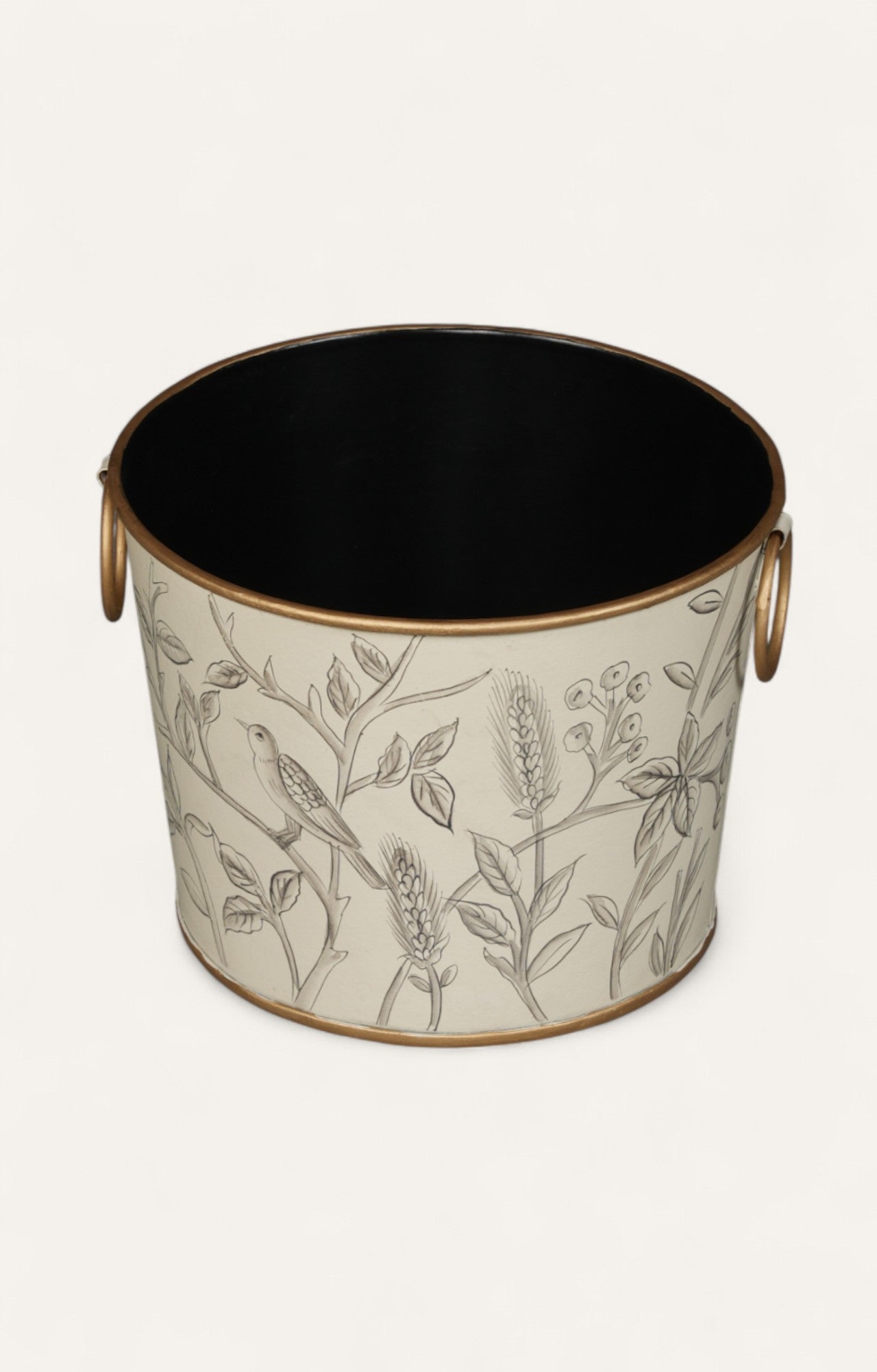 Monochrome Botanical Bird Metal Bucket- Big
