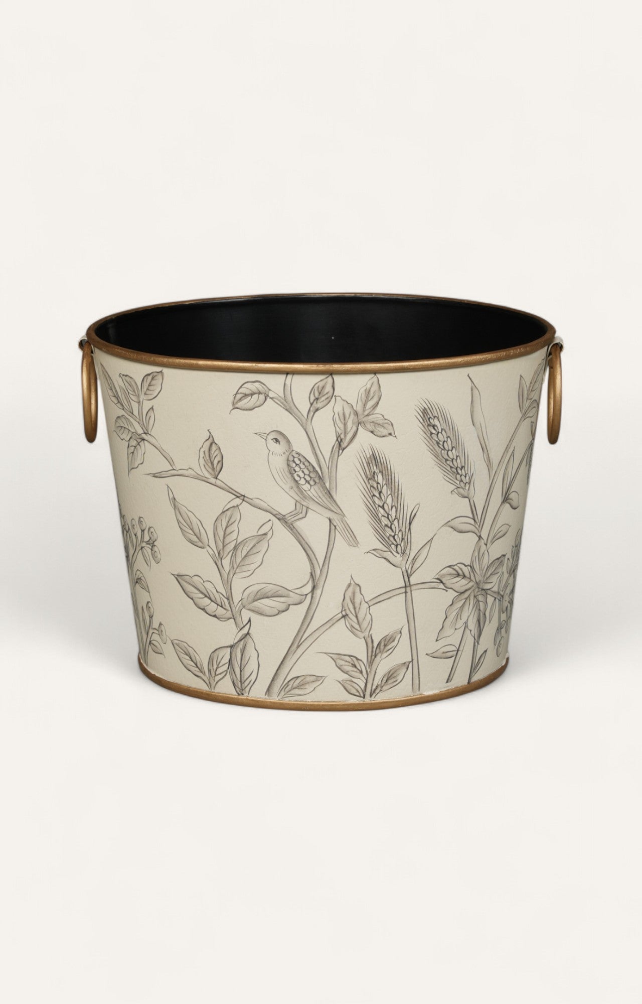 Monochrome Botanical Bird Metal Bucket- Small