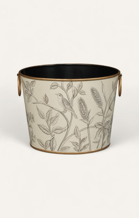 Monochrome Botanical Bird Metal Bucket- Small