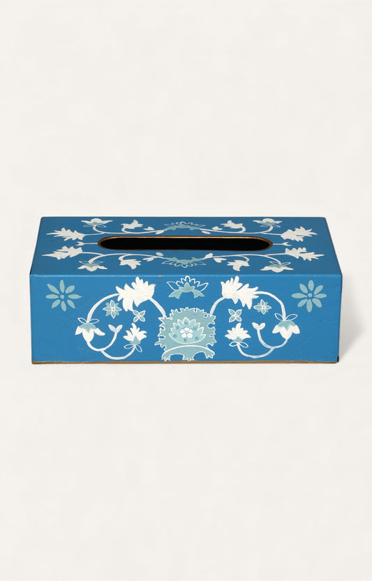 Blue Hand-Painted Metal Tissue Box with Floral Motifs