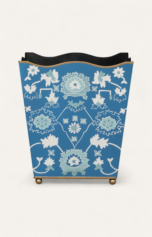 Blue Floral Square Metal Waste Bin
