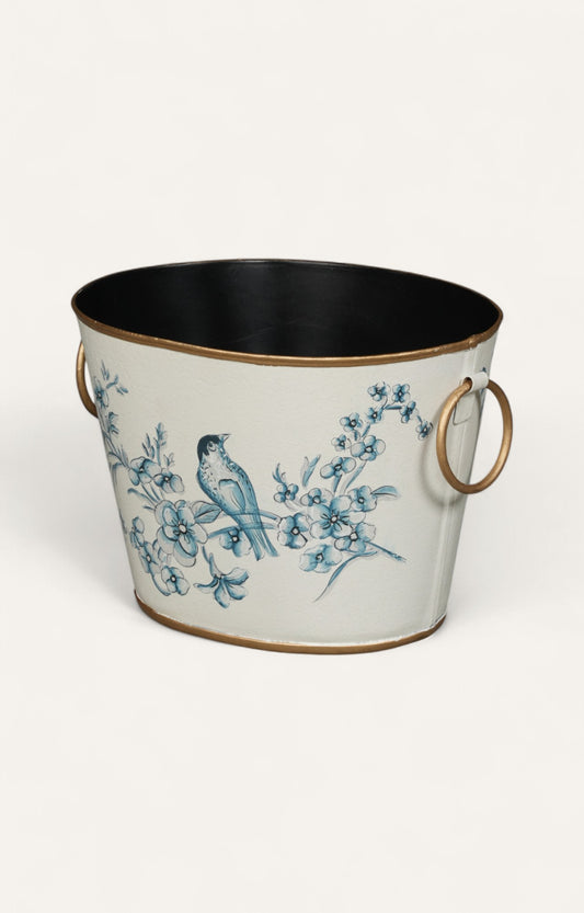 Blue Bird and Floral Decorative Metal Bucket