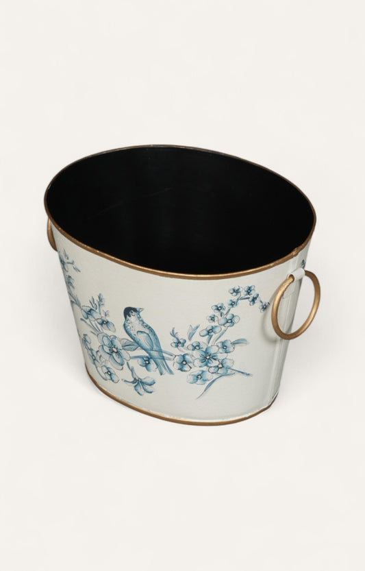 Blue Bird and Floral Decorative Metal Bucket