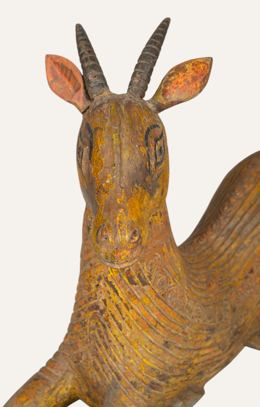 Yellow Patina Hand-Carved Goat Figurine