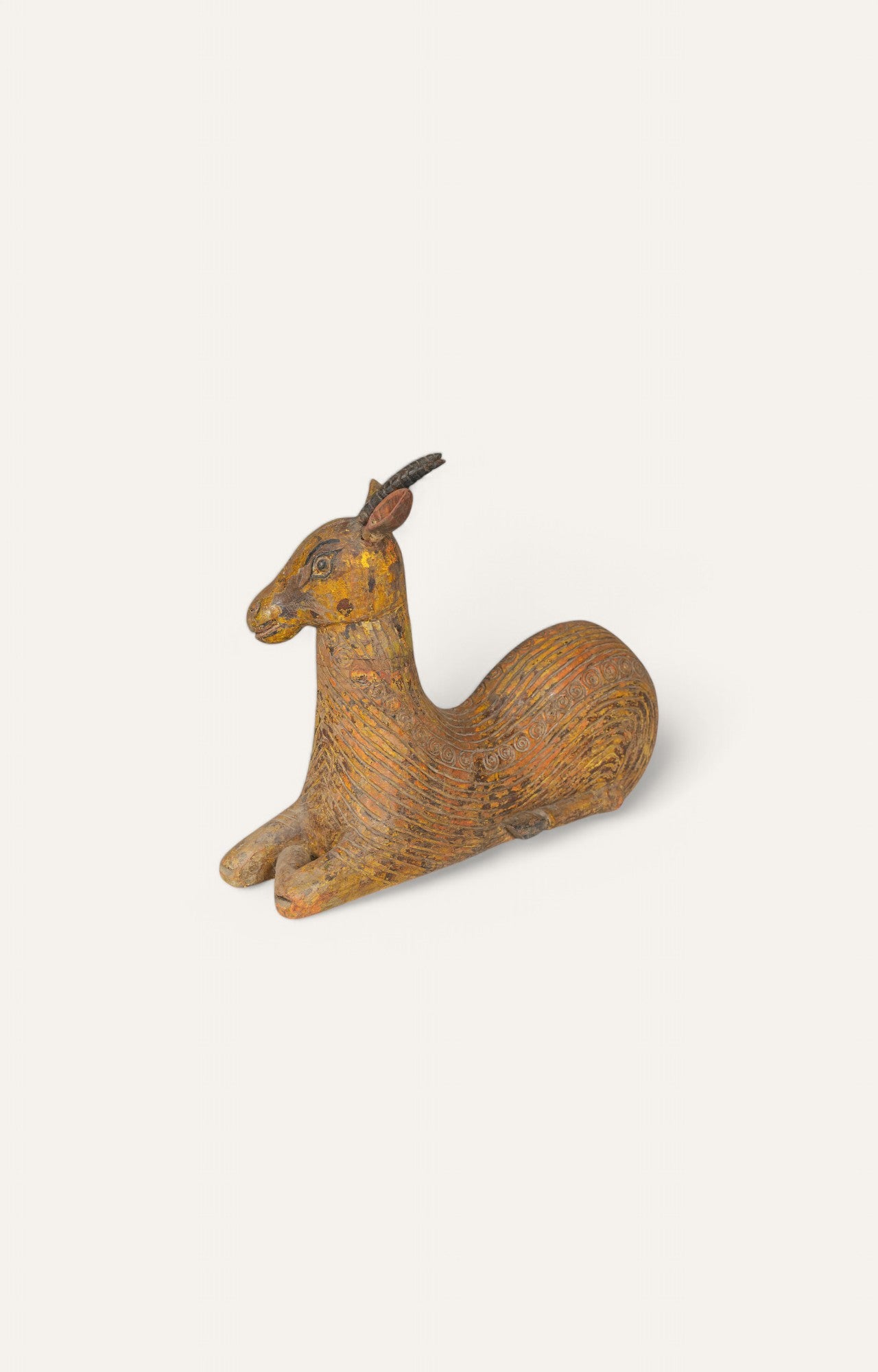 Yellow Patina Hand-Carved Goat Figurine