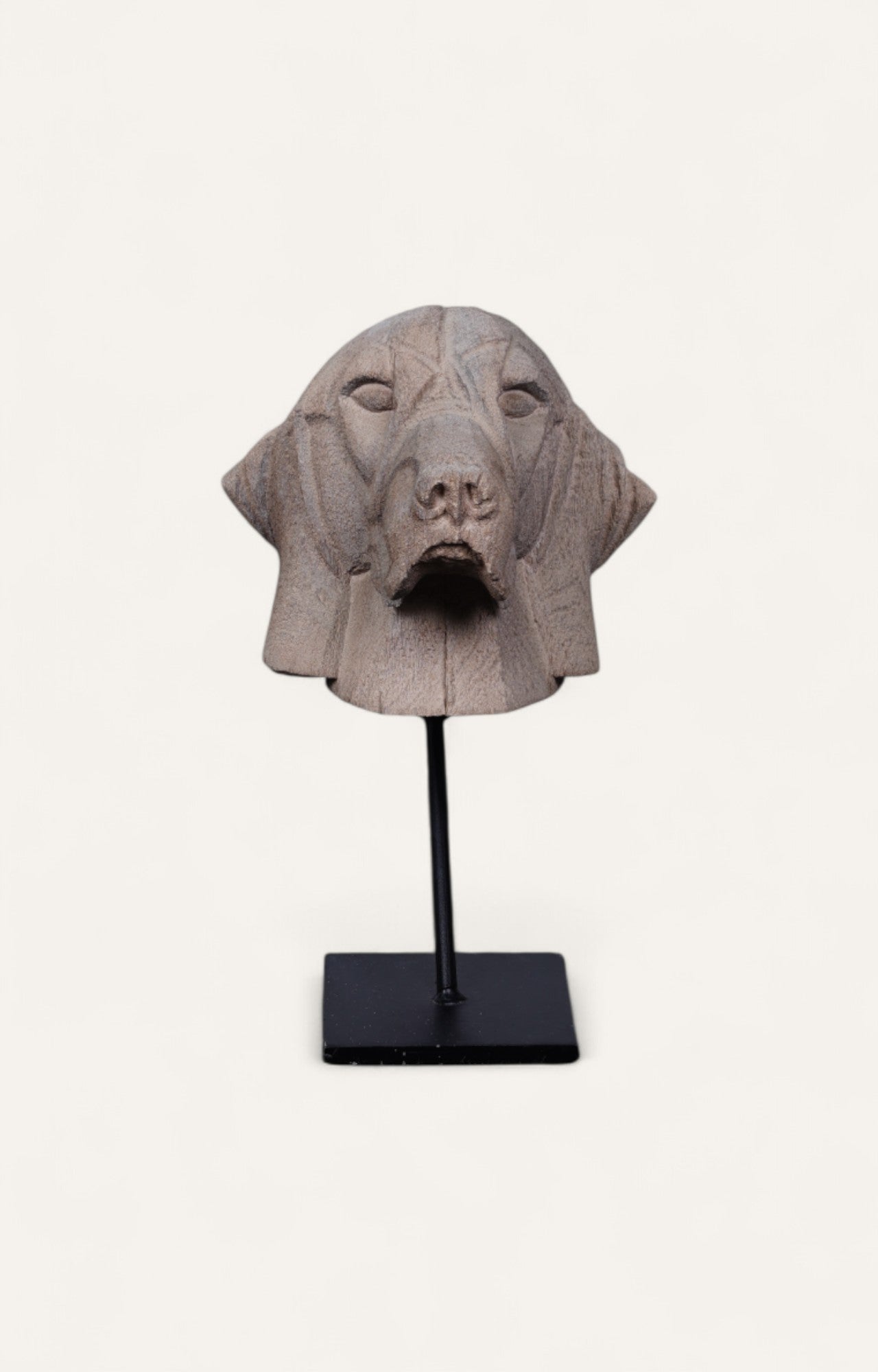 Hand-Carved Wooden Dog Head Sculpture on Stand