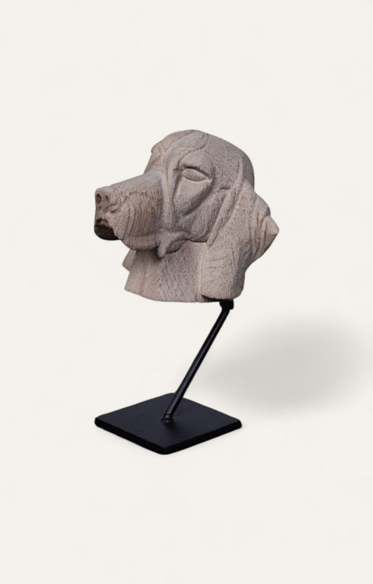 Hand-Carved Wooden Dog Head Sculpture on Stand