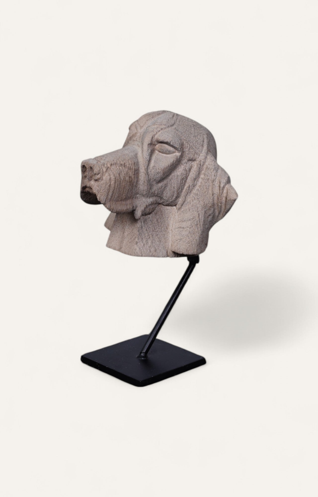 Hand-Carved Wooden Dog Head Sculpture on Stand