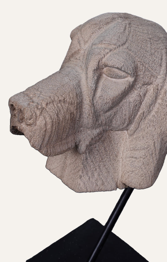 Hand-Carved Wooden Dog Head Sculpture on Stand