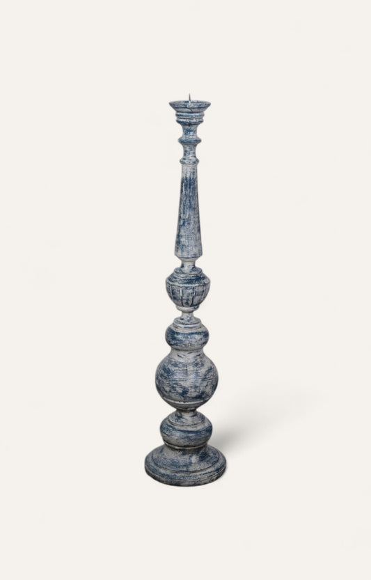 Tall distressed blue wooden pillar candle stand in antique column style
