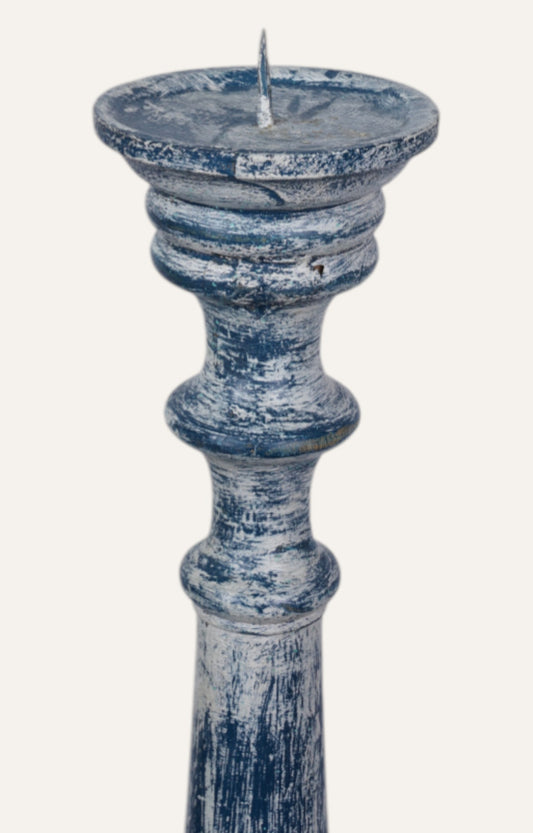 Blue Distressed Wooden Pillar Candle Stand