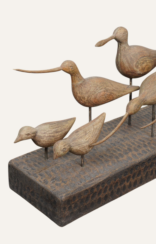 Wooden Shorebird Sculpture Set on Block Base