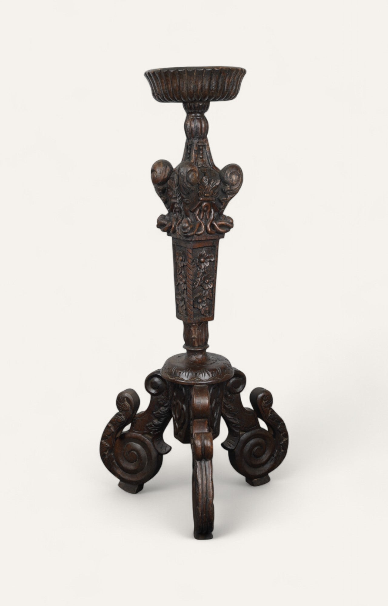 Ornate Teak Wood Tripod Floor Candle Stand