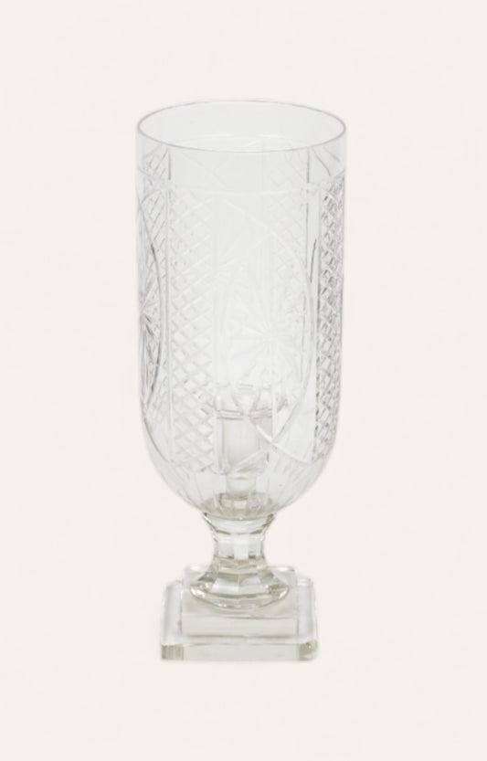 Etched cut glass hurricane candle stand with square base