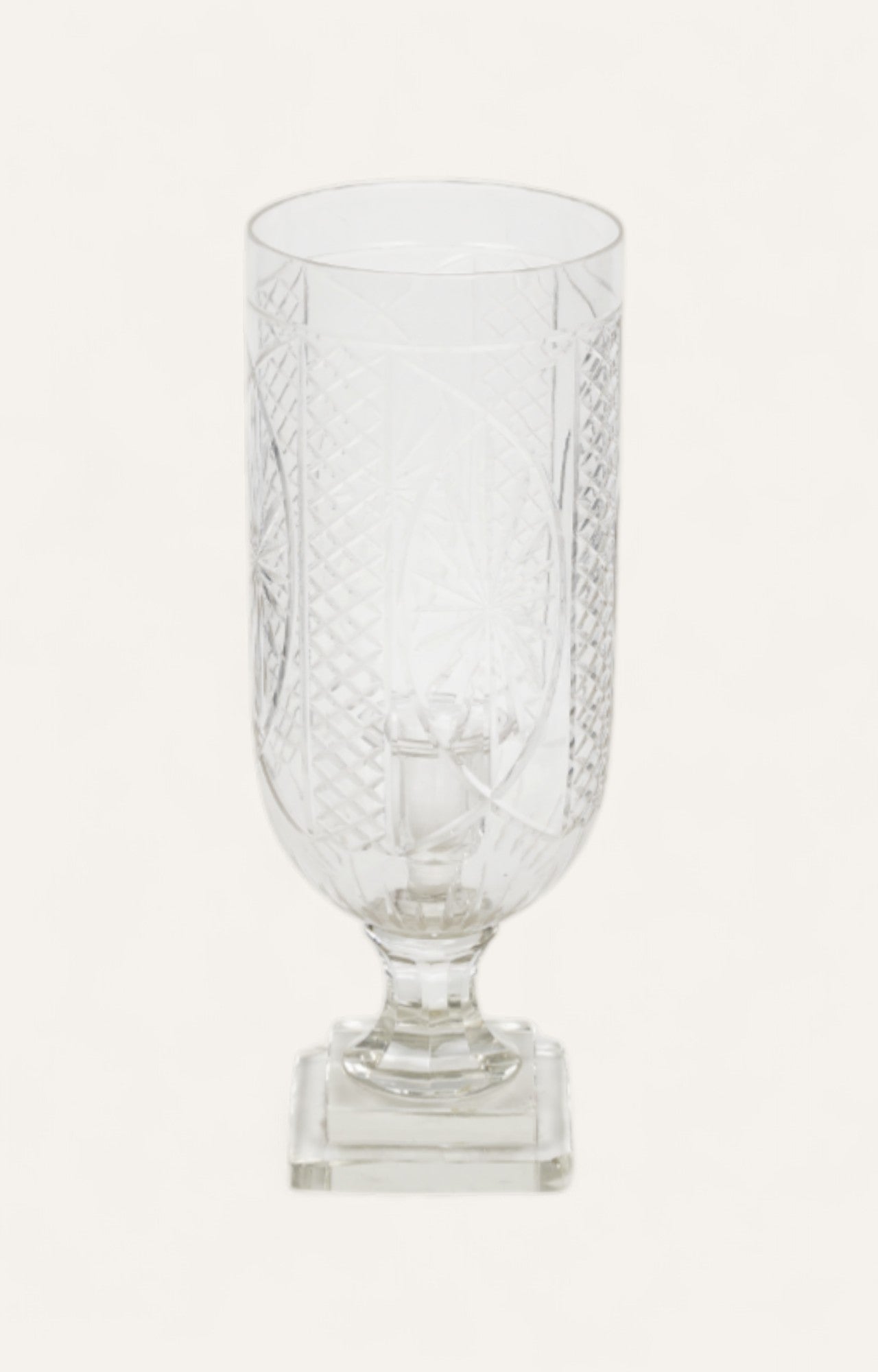  Etched cut glass hurricane candle stand with square base
