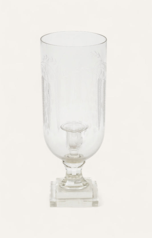 Etched clear glass hurricane candle stand on square base with wheat pattern