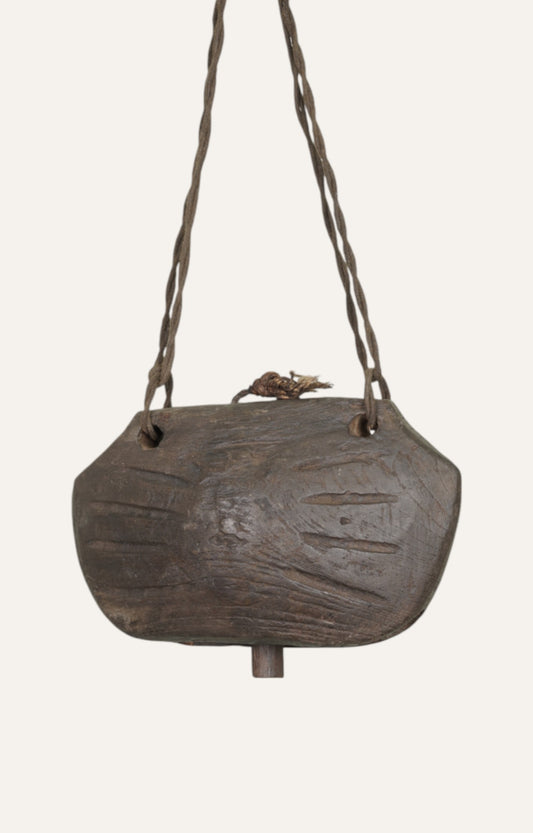 Rare Teak Wood Cowbell with Central Chime  - Wall Art