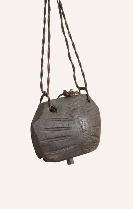Rare Teak Wood Cowbell with Central Chime - Wall Art