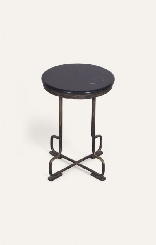 Iron and Stone Side Table with Distressed Finish