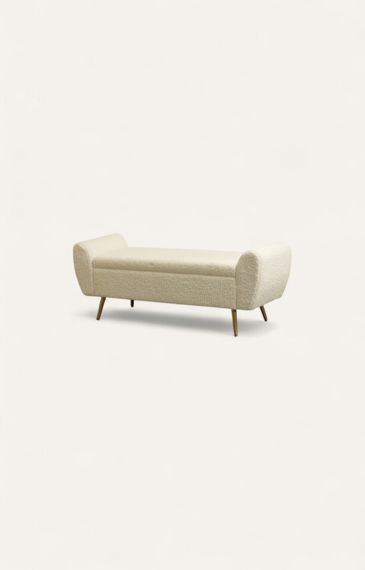 Off-white coloured bouclé fabric bench with curved arms and plywood legs, carrying extra storage space. 