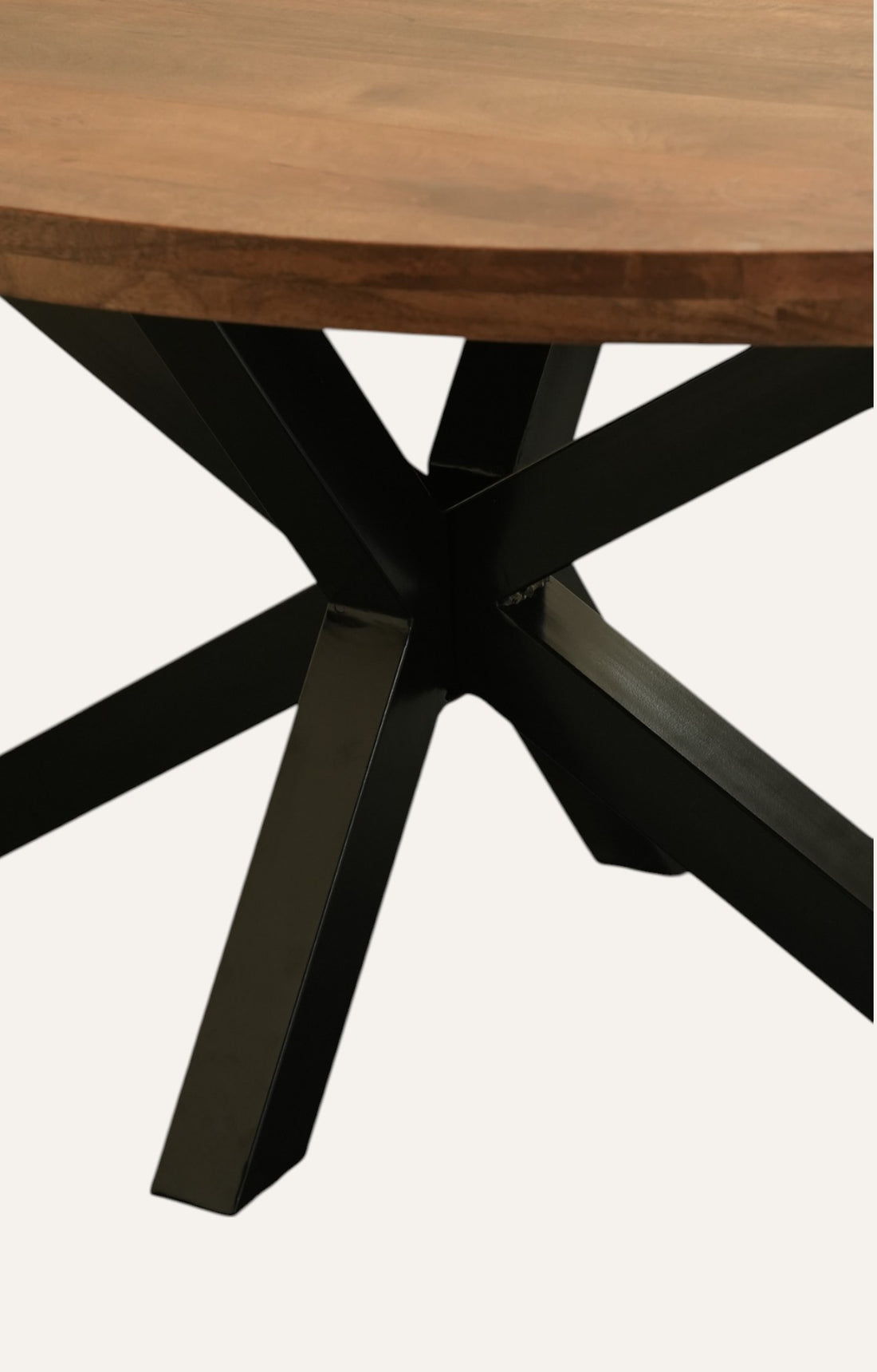 Walnut finish mango wood dining table with black cross iron legs