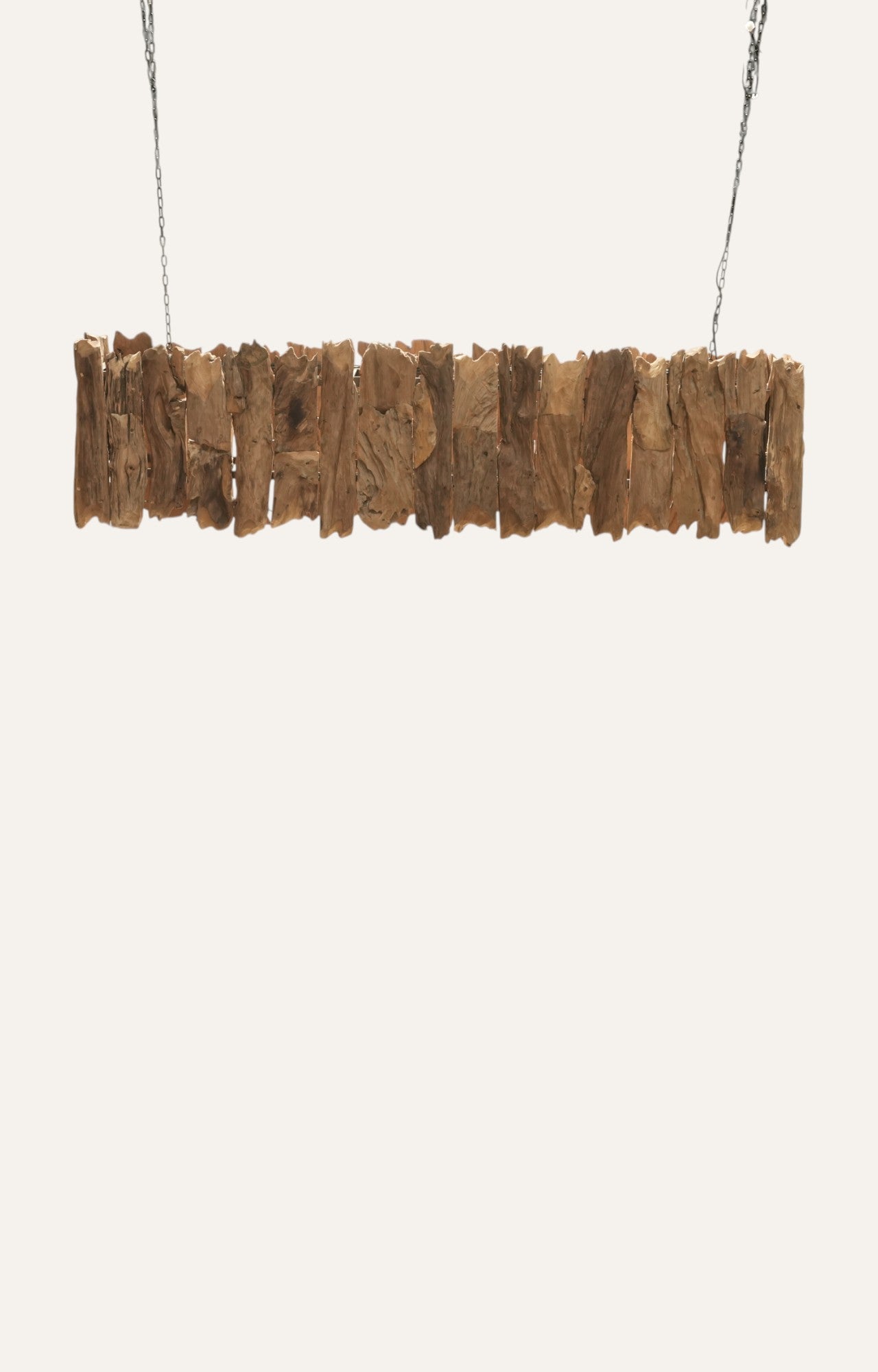 Horizontal reclaimed teak wood chandelier with natural finish and iron suspension