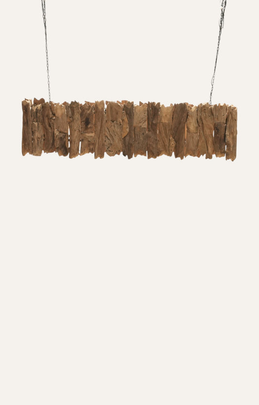 Horizontal reclaimed teak wood chandelier with natural finish and iron suspension