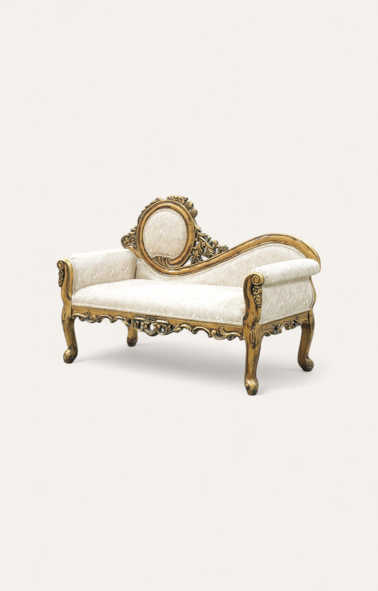 Ornate Teak Chaise in Antique Gold