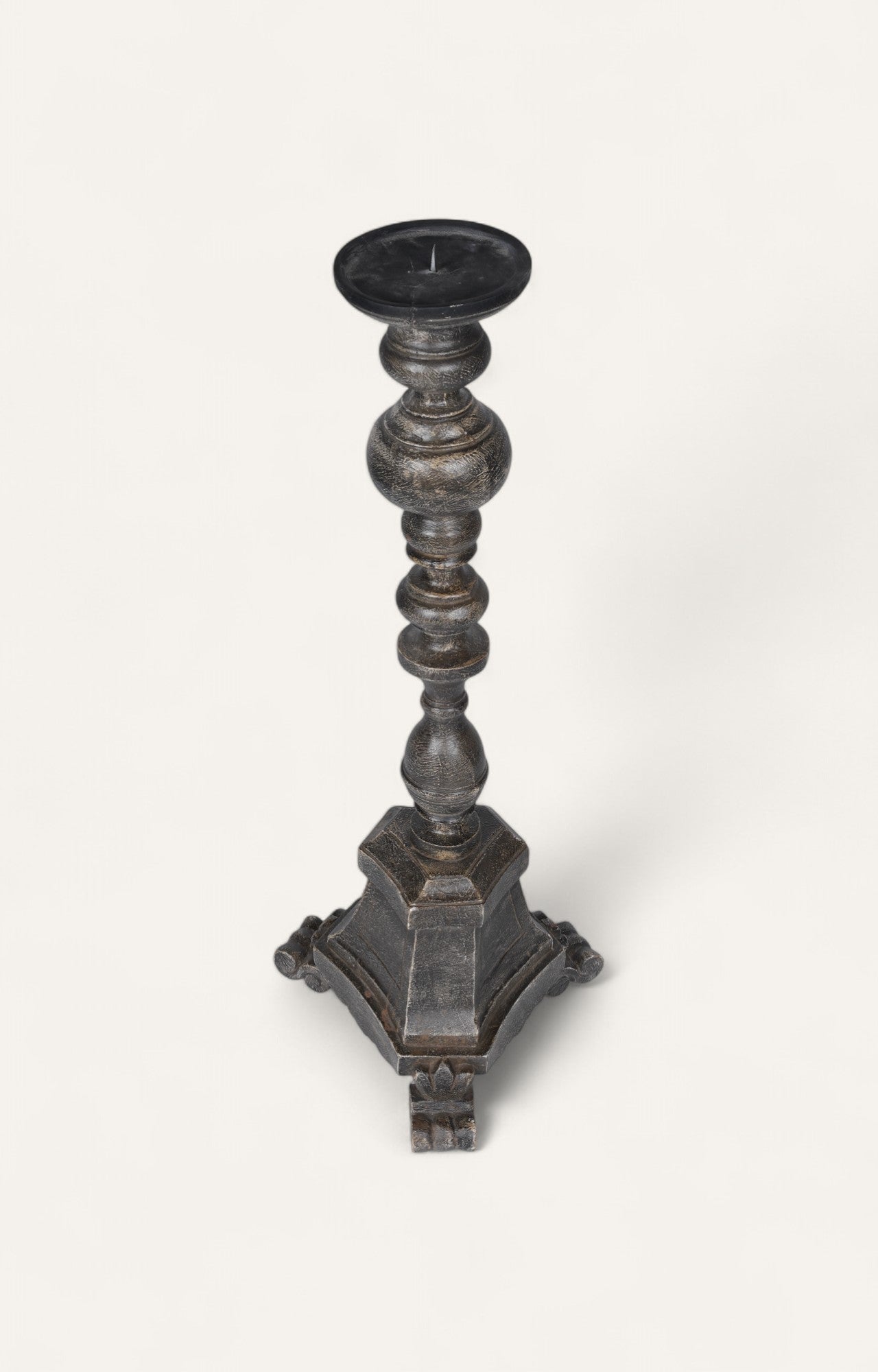  Aged teak wood candle stand with spindle-style carving and antique finish
