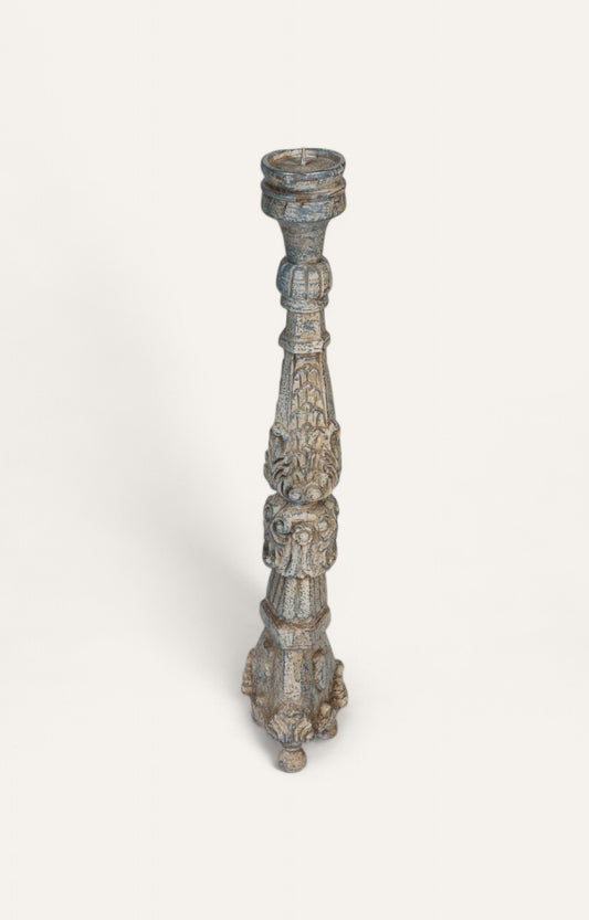 Distressed blue teak wood candle stand with acanthus leaf carving and dusty blue patina