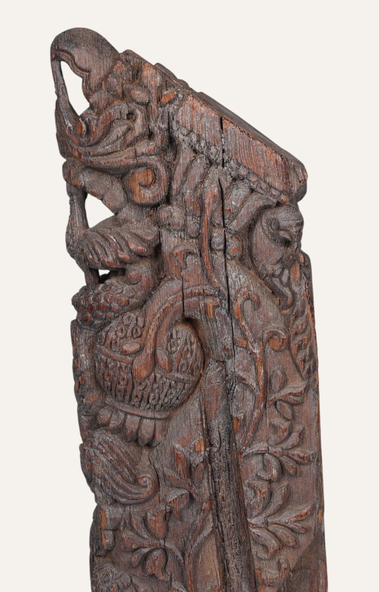 Hand-carved Teak Column Fragment with Iron Stand