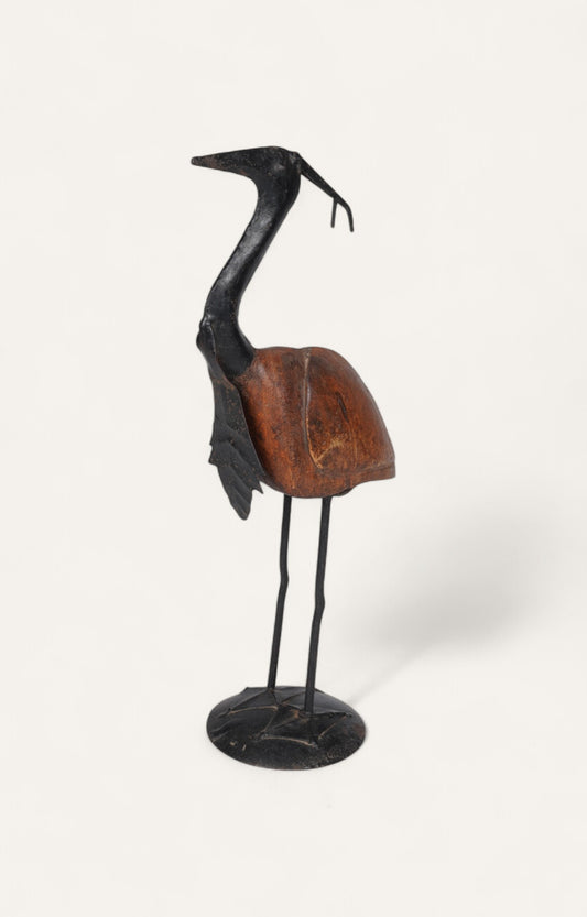 Crane Sculpture in Mixed Metal and Wood