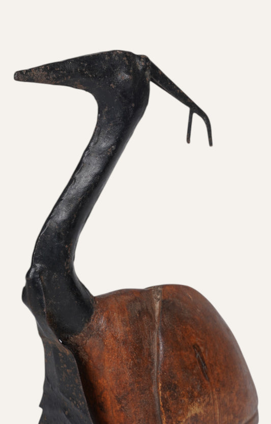 Crane Sculpture in Mixed Metal and Wood
