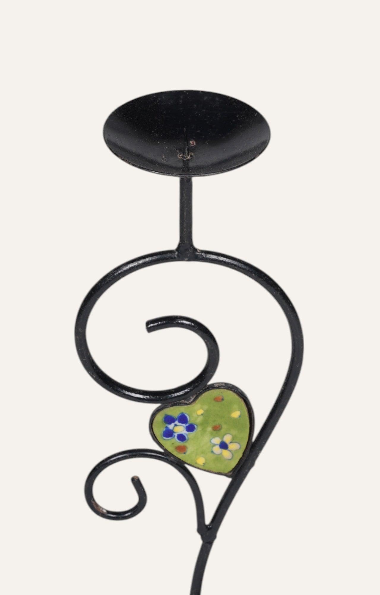 Curved Black Metal Candle Stand with Enamel Accent