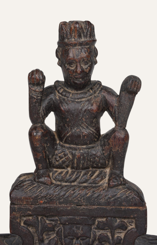 Vintage Seated Deity Folk Wooden Sculpture