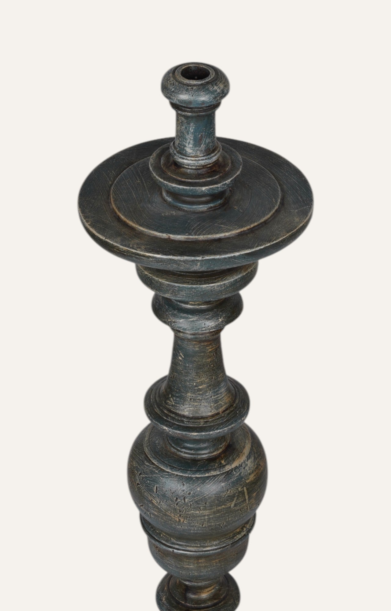 Temple Turned Teak Floor Candle Stand in Rustic Black